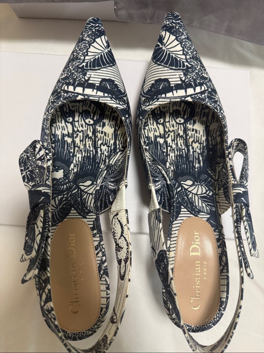 Dior Toile de Jouy Slingback Pointed-Toe Kitten Heel (Navy & White). Size 40.5 - Picture 7 of 7